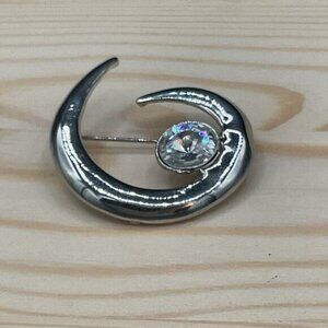 Silver-Tone Spiral Brooch With Clear Rhinestone Accent